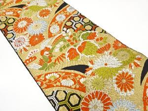 アンティーク　尾長鳥に菊・古典柄織り出し袋帯（着用可）